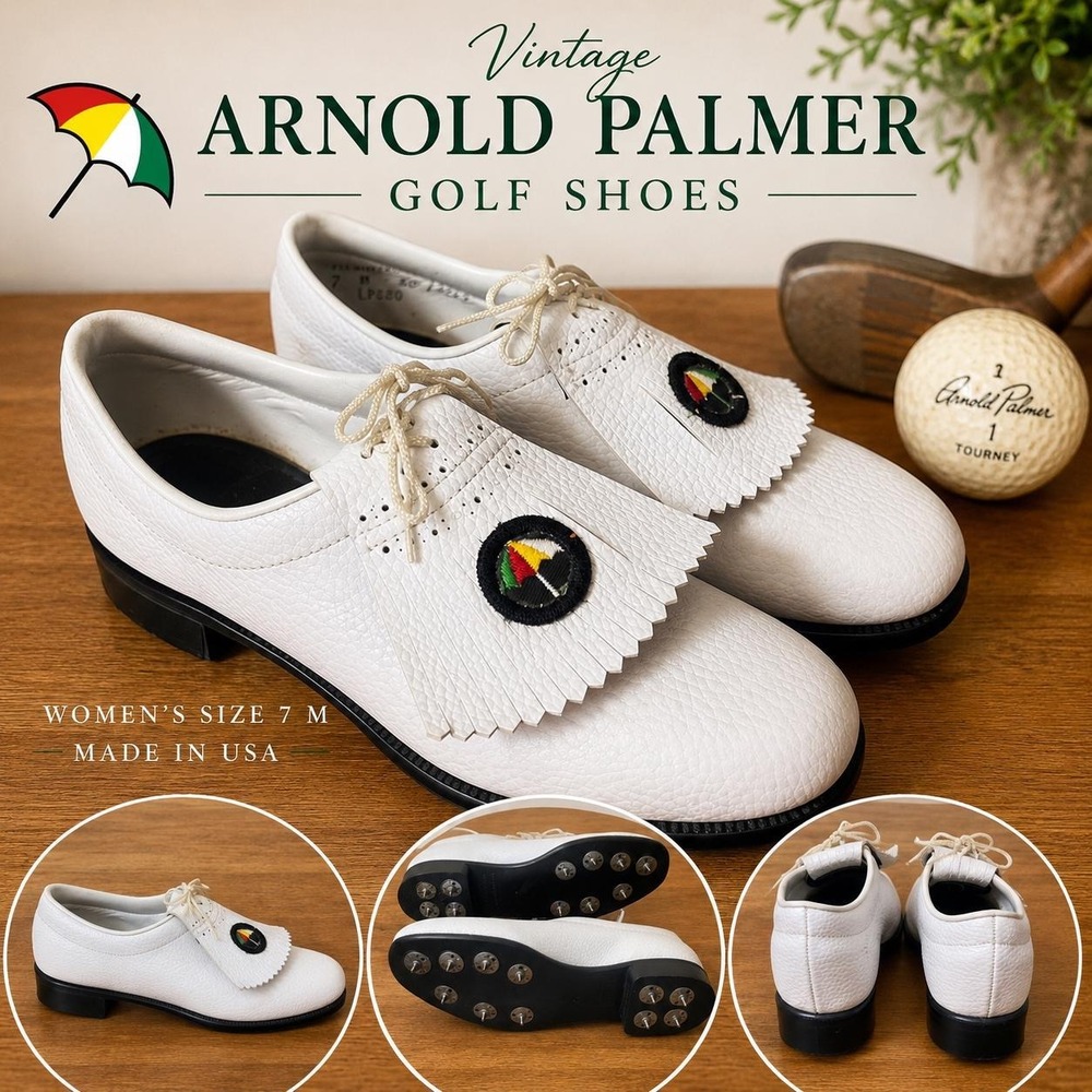 Vintage Arnold Palmer Women's Golf Shoes White Leather Spiked Cleats Size 7 M